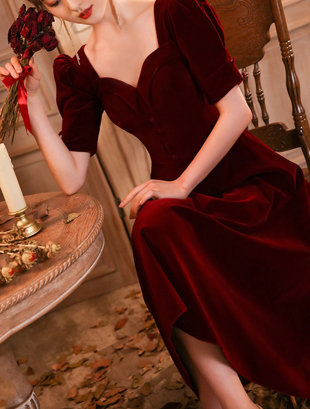 Burgundy Velvet A-Line Tea-Length Evening Dress with Puff Sleeves and Sweetheart Neckline