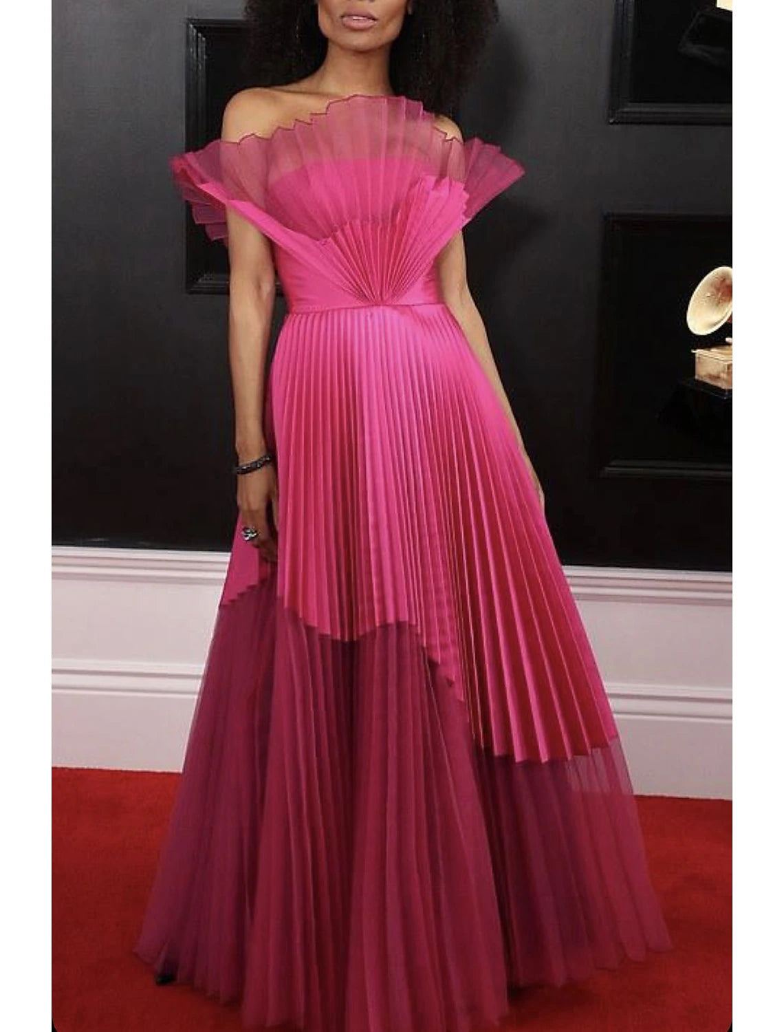 Abito da sera a trapezio, plissettato, per invitati a nozze, ballo di fine anno, lunghezza al pavimento, senza maniche, senza spalline, in organza con pieghe