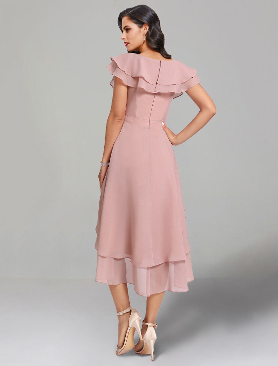 Dusty Rose Chiffon A-Line Asymmetrical Bridesmaid Dress with Cascading Ruffles