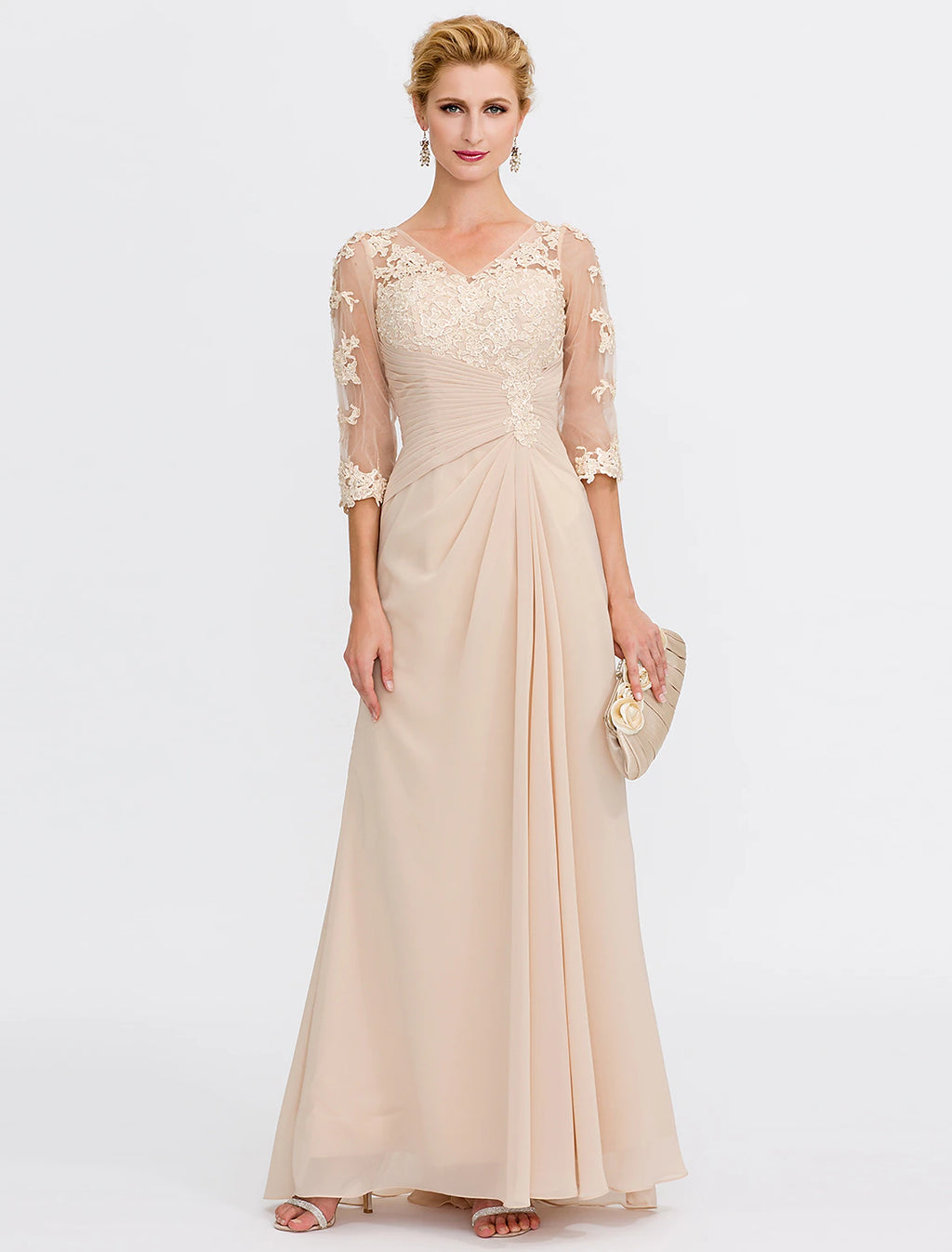 Blushing Pink Chiffon A-Line V-Neck Floor-Length Evening Dress with Lace Appliques