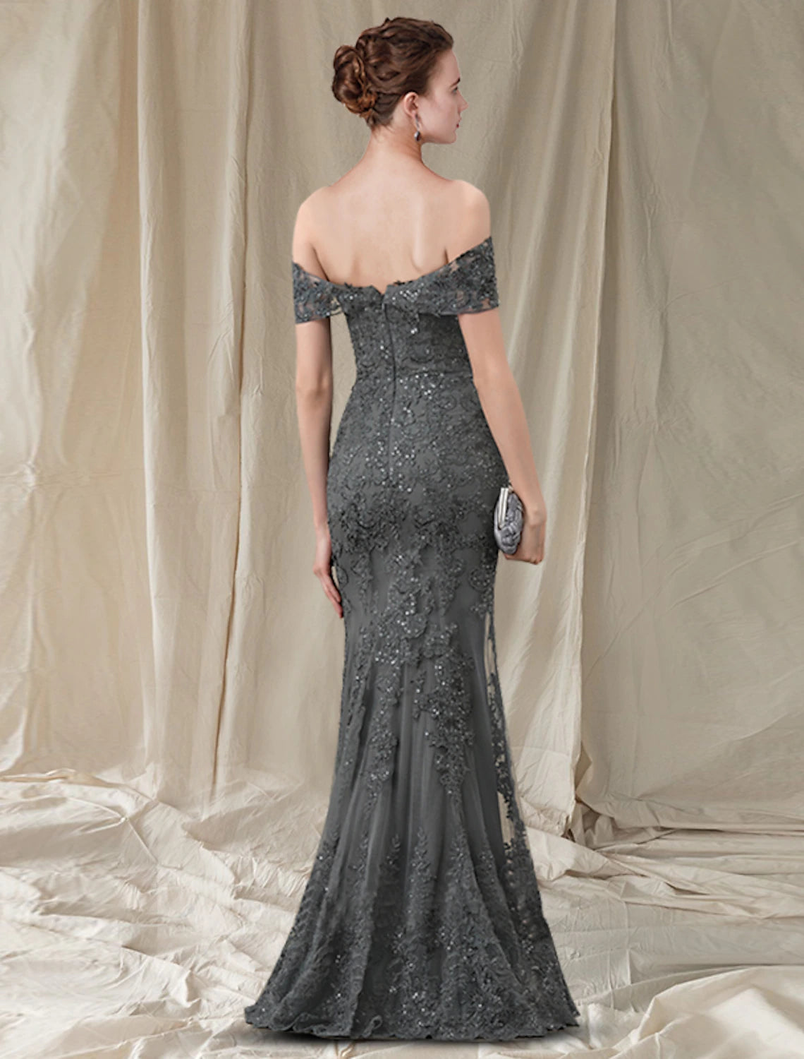 Grey Lace Mermaid Floor-Length Evening Dress with Lace Appliques & Off-the-Shoulder Neckline