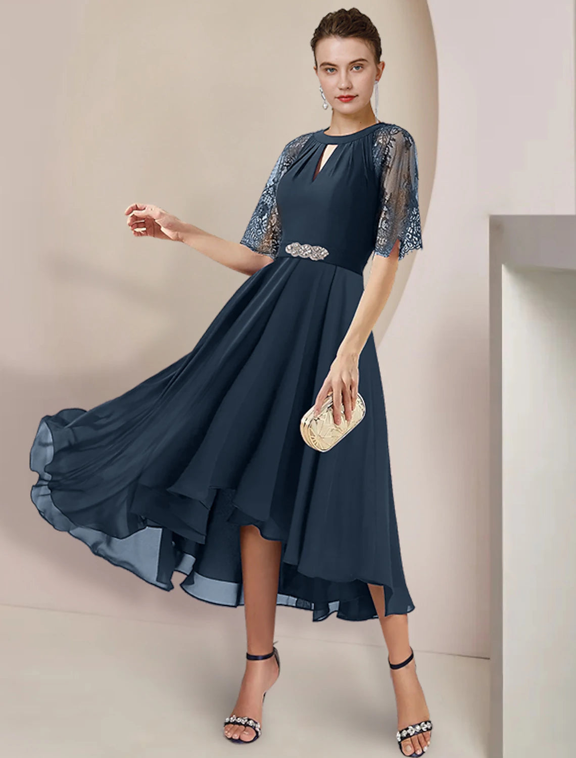 Dark Navy Chiffon A-Line High-Low Dress with Keyhole Neck and Lace Sleeves