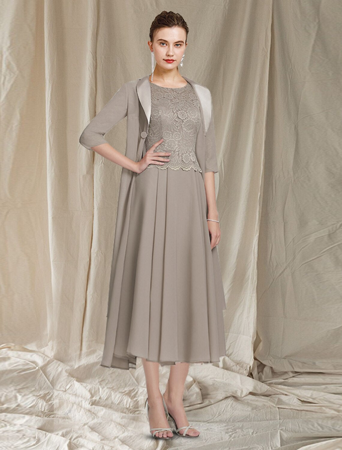 Vestido elegante de dos piezas para madre de la novia, corte en A, estilo iglesia, cuello joya, largo hasta la rodilla, de gasa, encaje, media manga, chaqueta, con apliques