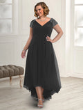 Abito da madre della sposa a trapezio, elegante, taglie forti, scollo a V asimmetrico, lunghezza pavimento, in chiffon, maniche corte, con pieghe e perline