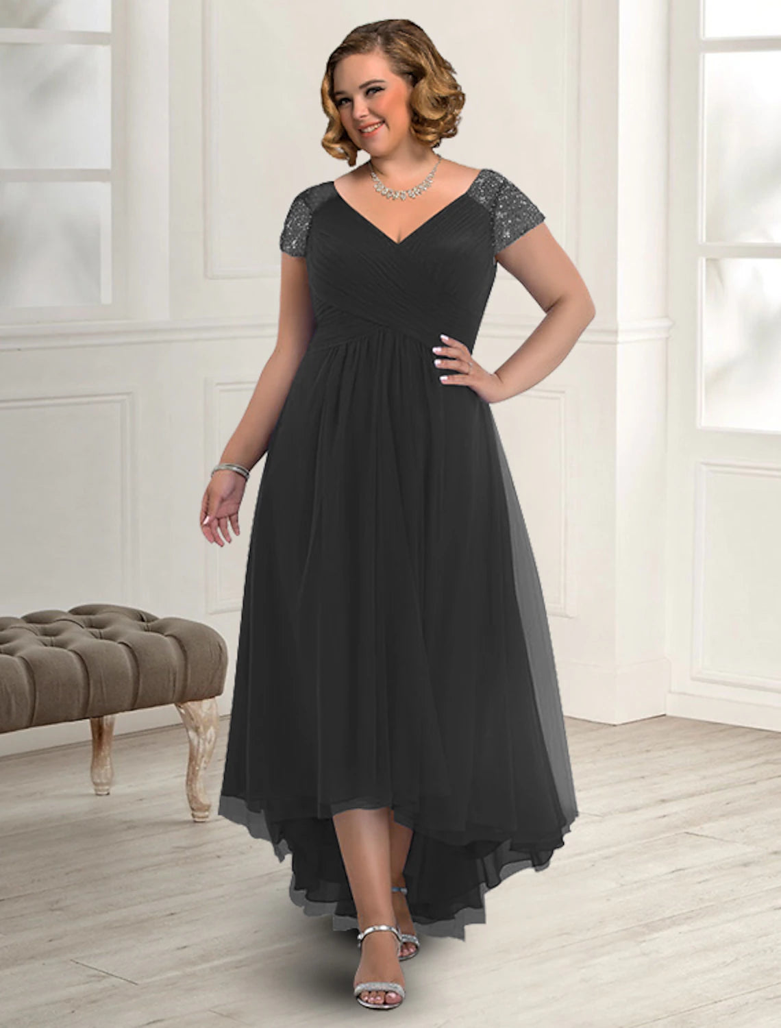 Black Chiffon A-Line Asymmetrical Mother of the Bride Dress with V-Neck and Sequined Sleeves