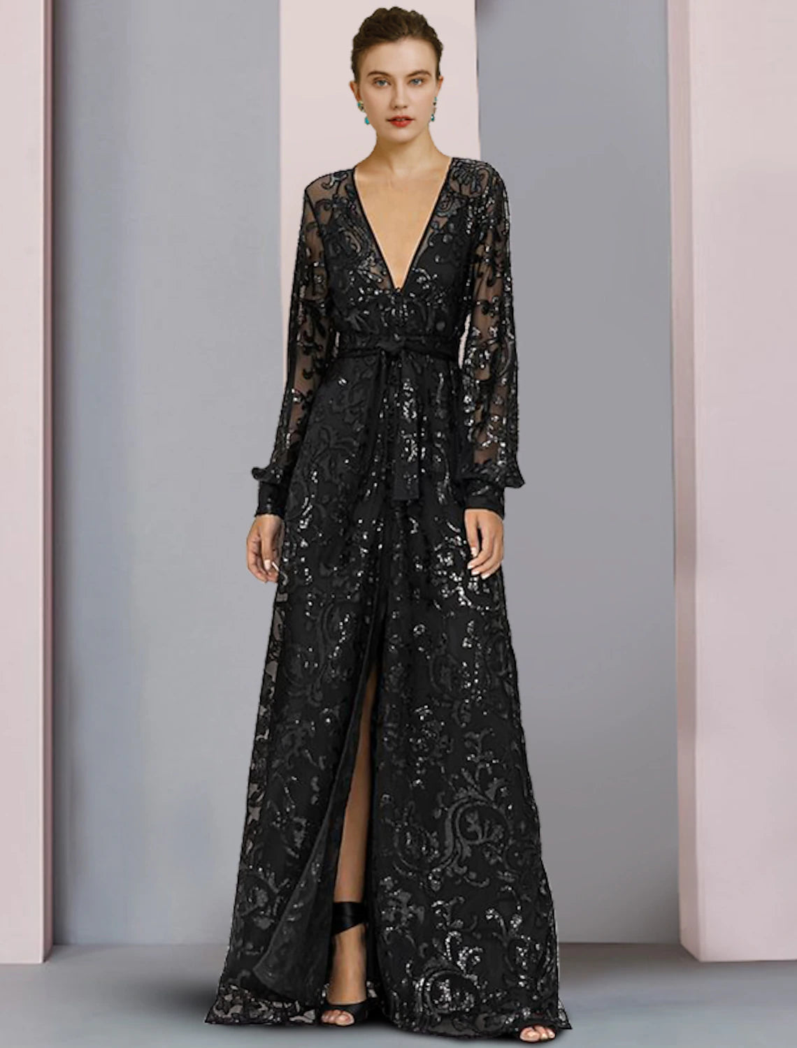 Abito da cerimonia per la madre della sposa, a trapezio, elegante, scintillante e brillante, con scollo a V, lunghezza al pavimento, in pizzo, paillettes, maniche lunghe con applicazioni di paillettes, spacco frontale