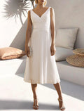 Vestido de cóctel de corte A con espalda abierta, vestido formal para invitada de boda, largo hasta la rodilla, sin mangas, cuello en V, de gasa con fruncido, color puro 2025