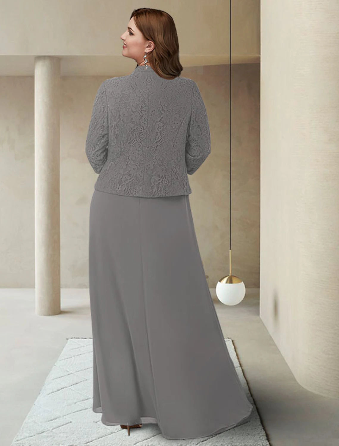 Vestido de madre de la novia de dos piezas, estilo tubo/columna, talla grande, elegante, cuello joya, largo hasta los tobillos, gasa, encaje, manga 3/4, cruzado incluido con apliques