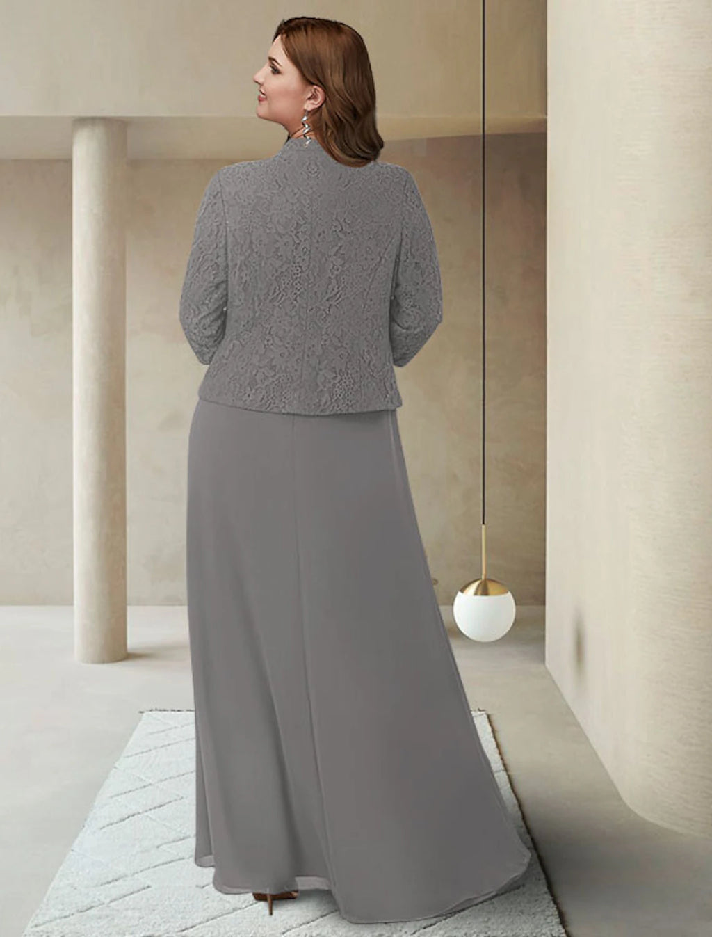 Grey Chiffon A-Line Floor-Length Evening Dress with Lace Jacket