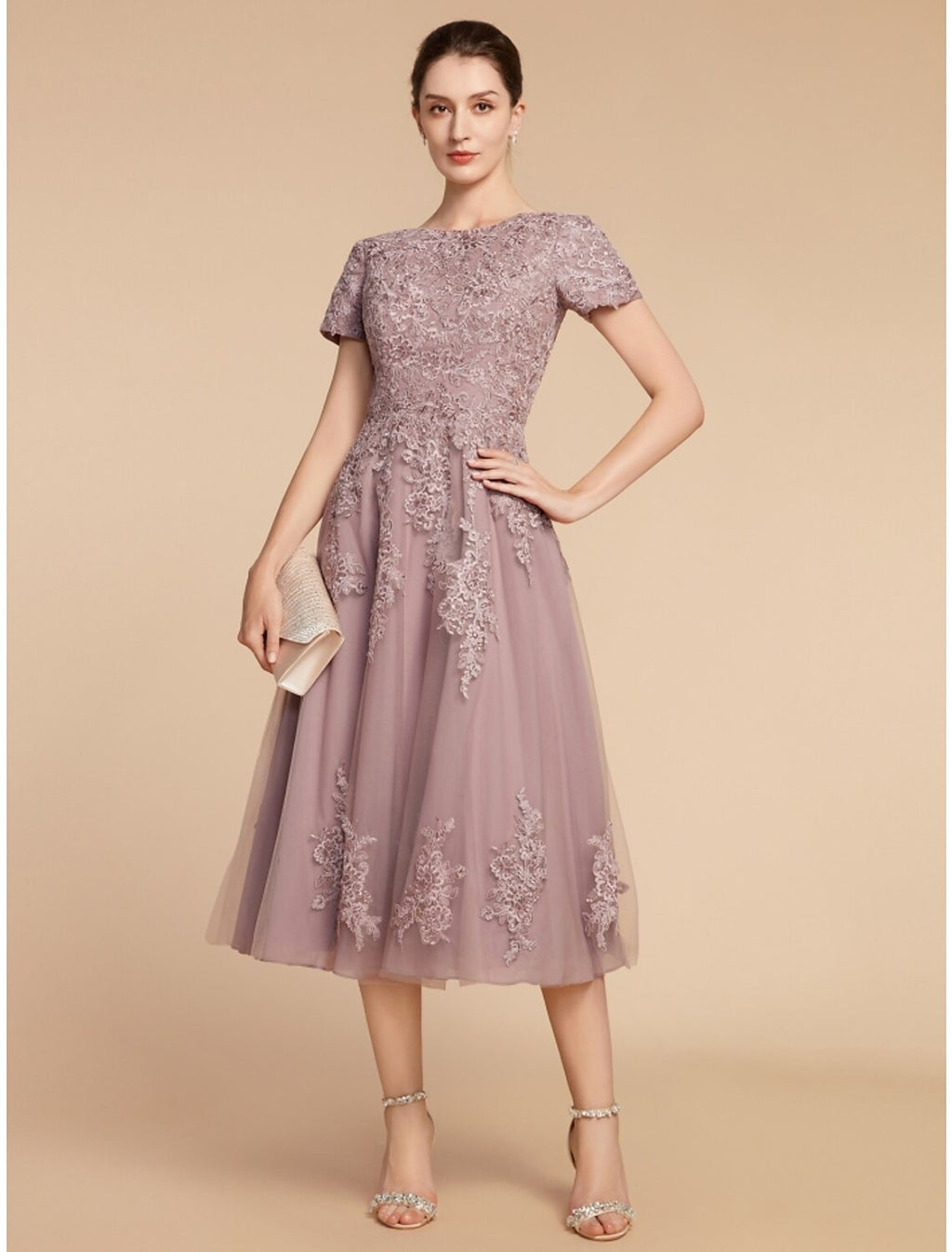 Dusty Rose Lace Tulle A-Line Tea-Length Dress with Lace Bodice and Applique Skirt | Jimiss