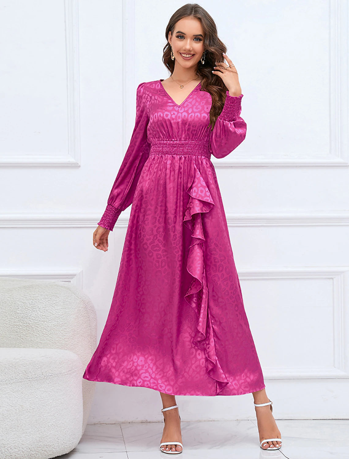 Royal Blue Satin A-Line Tea-Length Dress with Shirred Waist