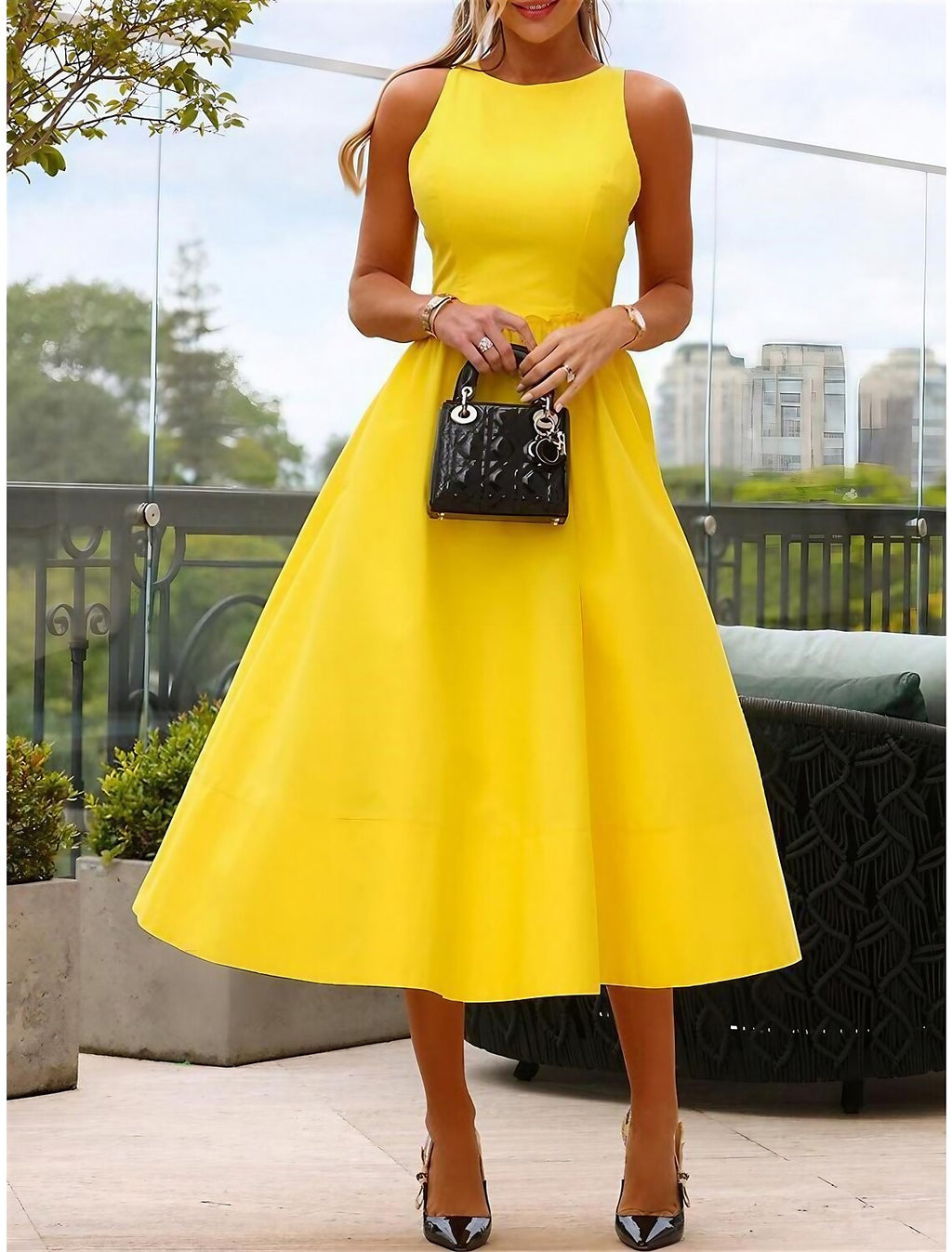 Vestido de fiesta para mujer, vestido de regreso a casa, vestido de cóctel, vestido midi amarillo, sin mangas, color puro, fruncido, verano, primavera, cuello redondo, moda, para invitadas de boda, vacaciones, vestido de verano