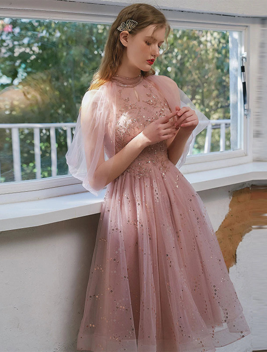 Vestido de cóctel de corte A, vestido de fiesta, graduación, compromiso, largo hasta la rodilla, manga 3/4, cuello joya, tul con apliques de lentejuelas