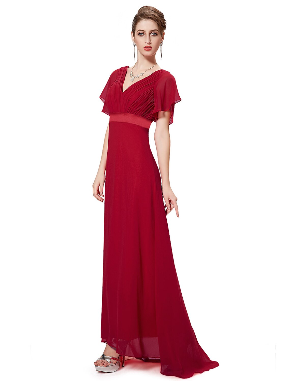 Abito da madre della sposa a trapezio, elegante, in chiffon, con scollo a V, lungo fino al pavimento, manica corta, con fascia/nastro arricciato, taglie forti