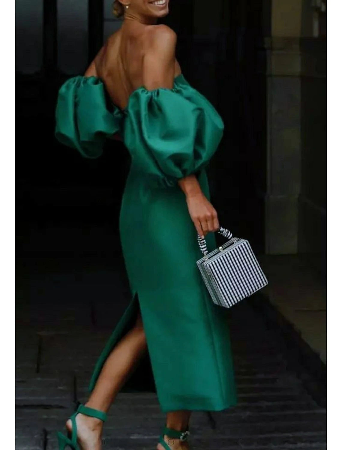 Sheath/Column Square Neck Satin Short Sleeve with Slit Backless Wedding Guest Summer Tea Length Prom Dress