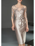 Abito da cerimonia per la madre della sposa, a tubino, elegante, in tulle satinato, con scollo a barchetta, lunghezza al ginocchio, con maniche a mezza manica e volant in perline