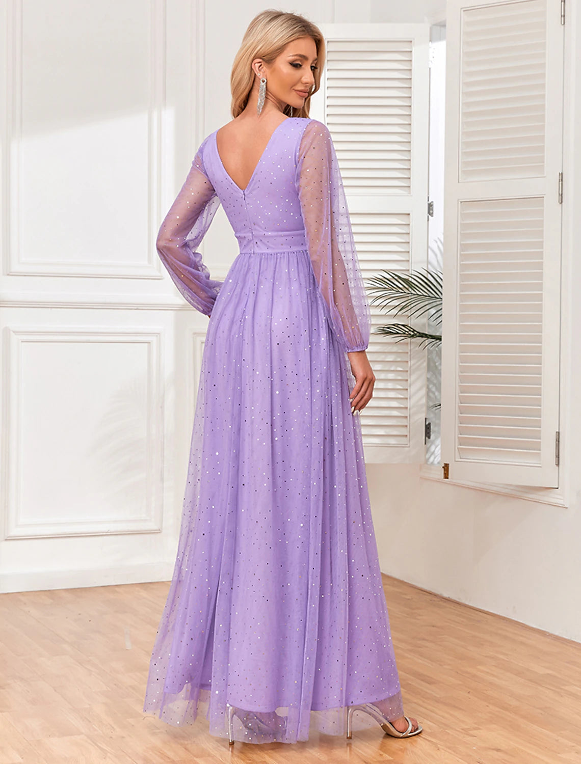 Lavender Glitter Tulle A-Line V-Neck Floor-Length Bridesmaid Dress with High Slit