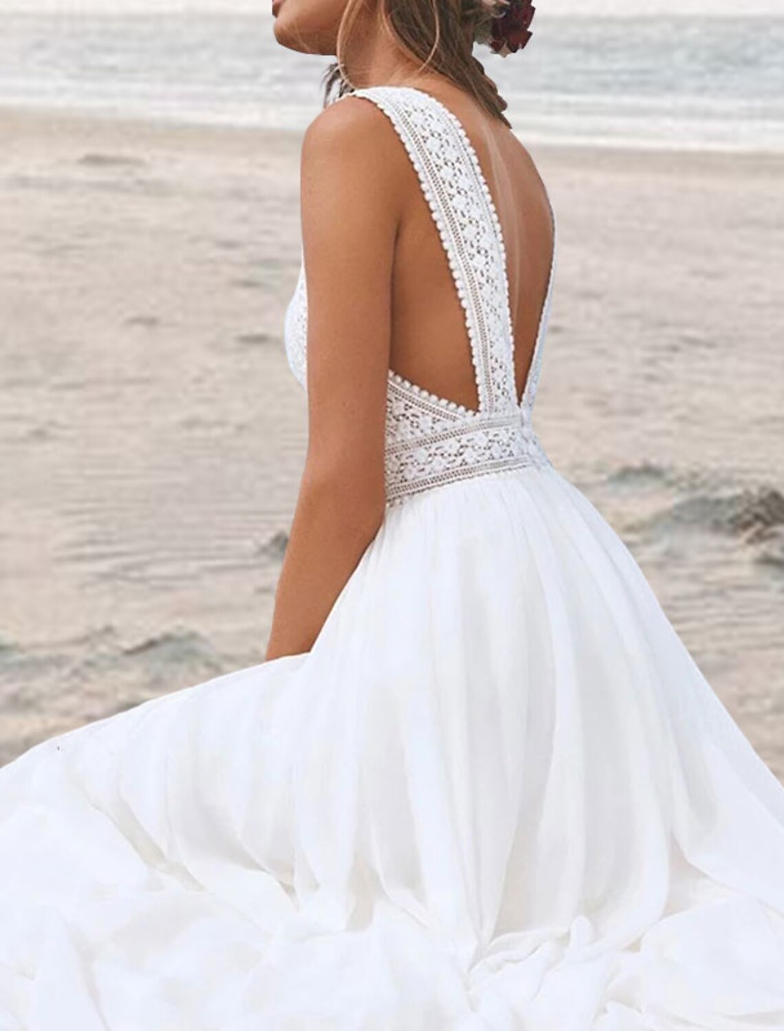 Vestidos de novia bohemios con espalda abierta para playa, corte A, escote en V, sin mangas, largo hasta el suelo, de gasa