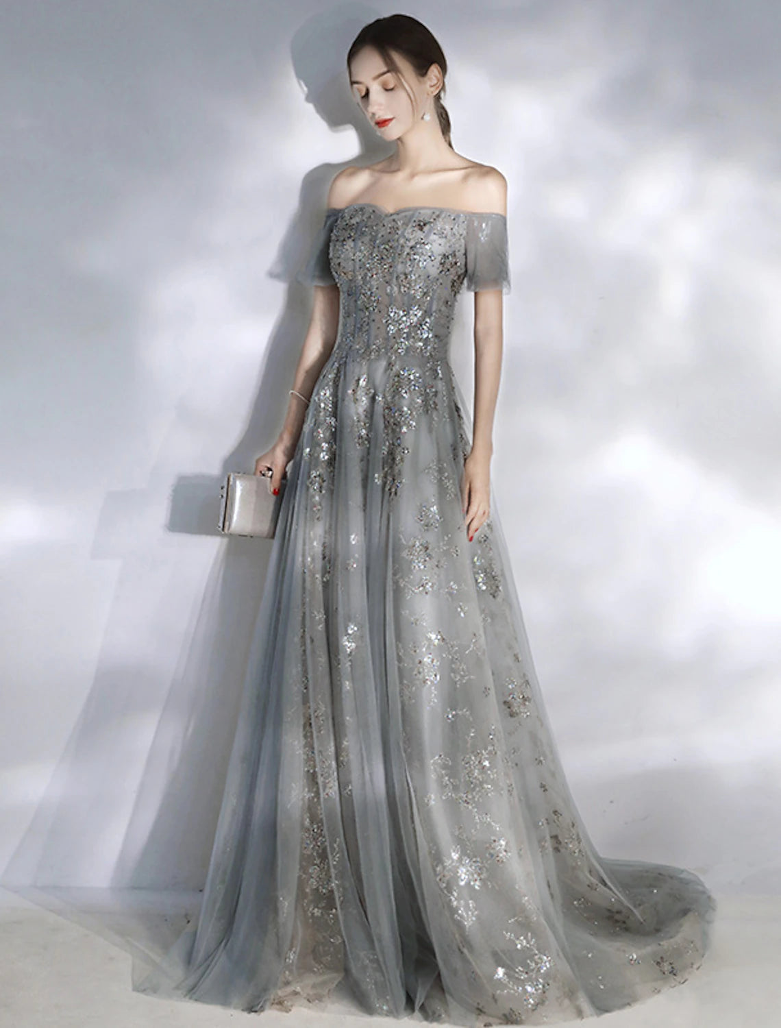Sparkling Sage Green Tulle Off-the-Shoulder A-Line Gown