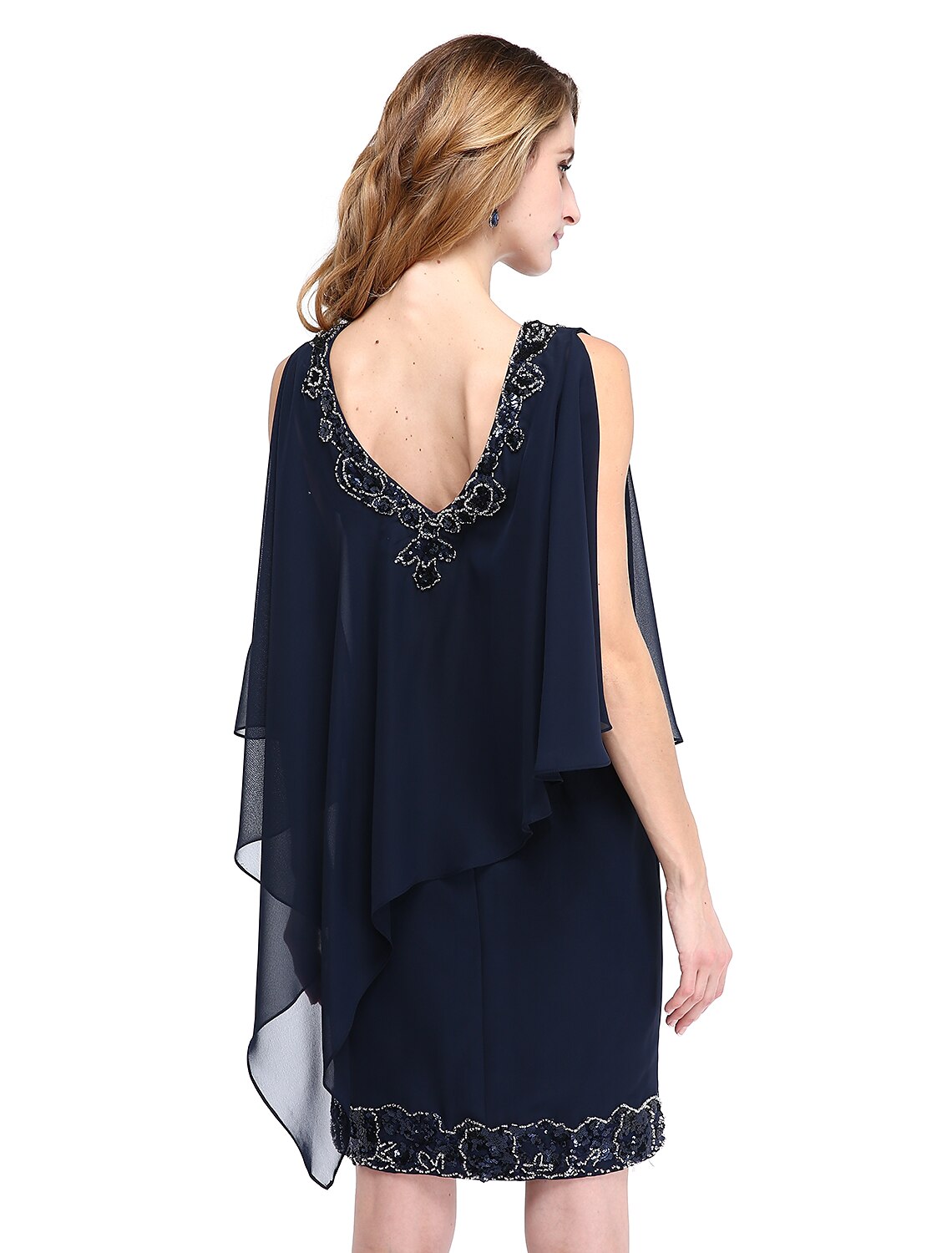 Abito da madre della sposa a tubino, con scollo a V, lunghezza al ginocchio, in chiffon, senza maniche, con perline e paillettes