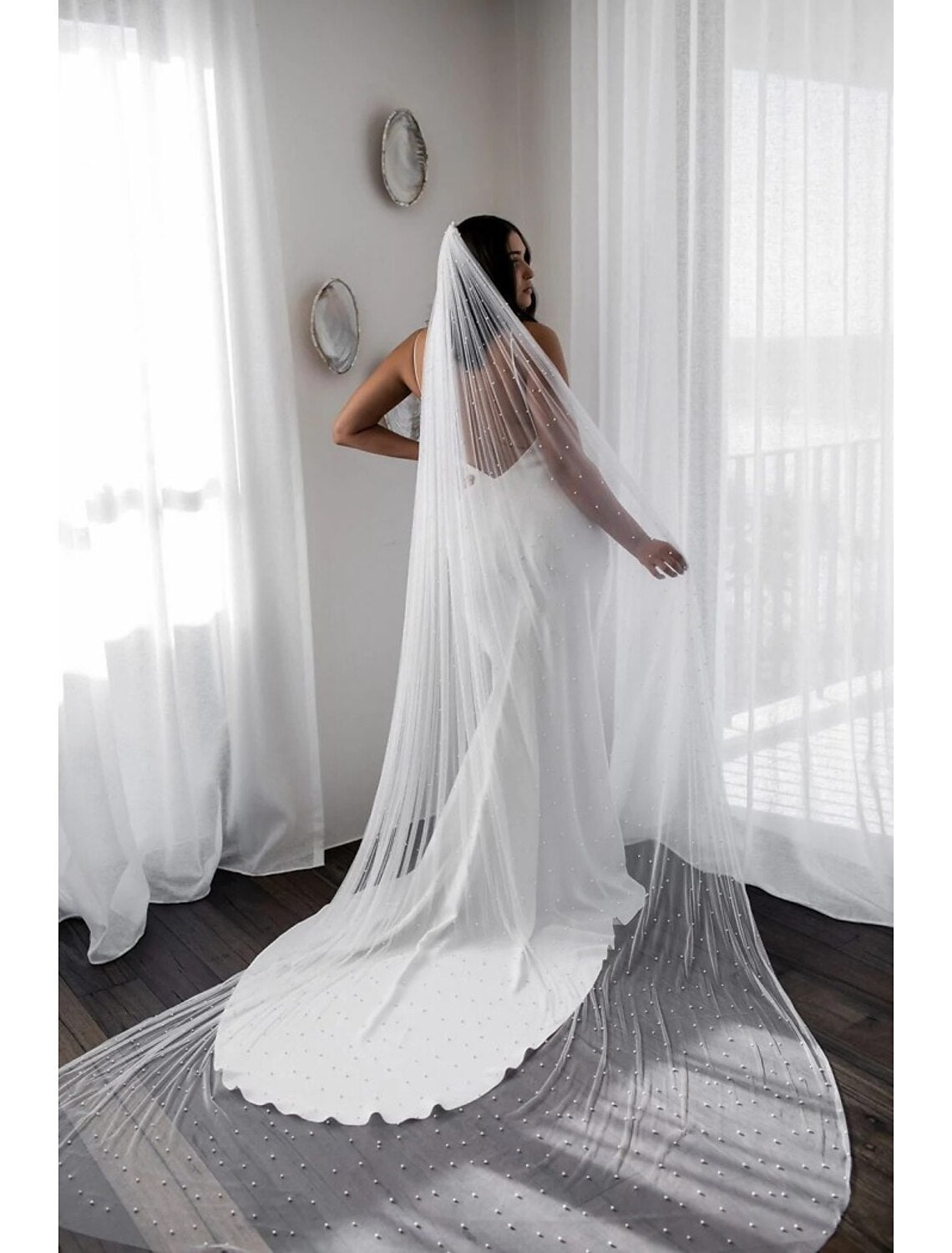 Jimiss - Vestido de novia de una sola capa estilo retro/perla con velo catedral y perla falsa Vestido transparente de 110,24 pulgadas (280 cm) que dejará una profunda impresión en 2025