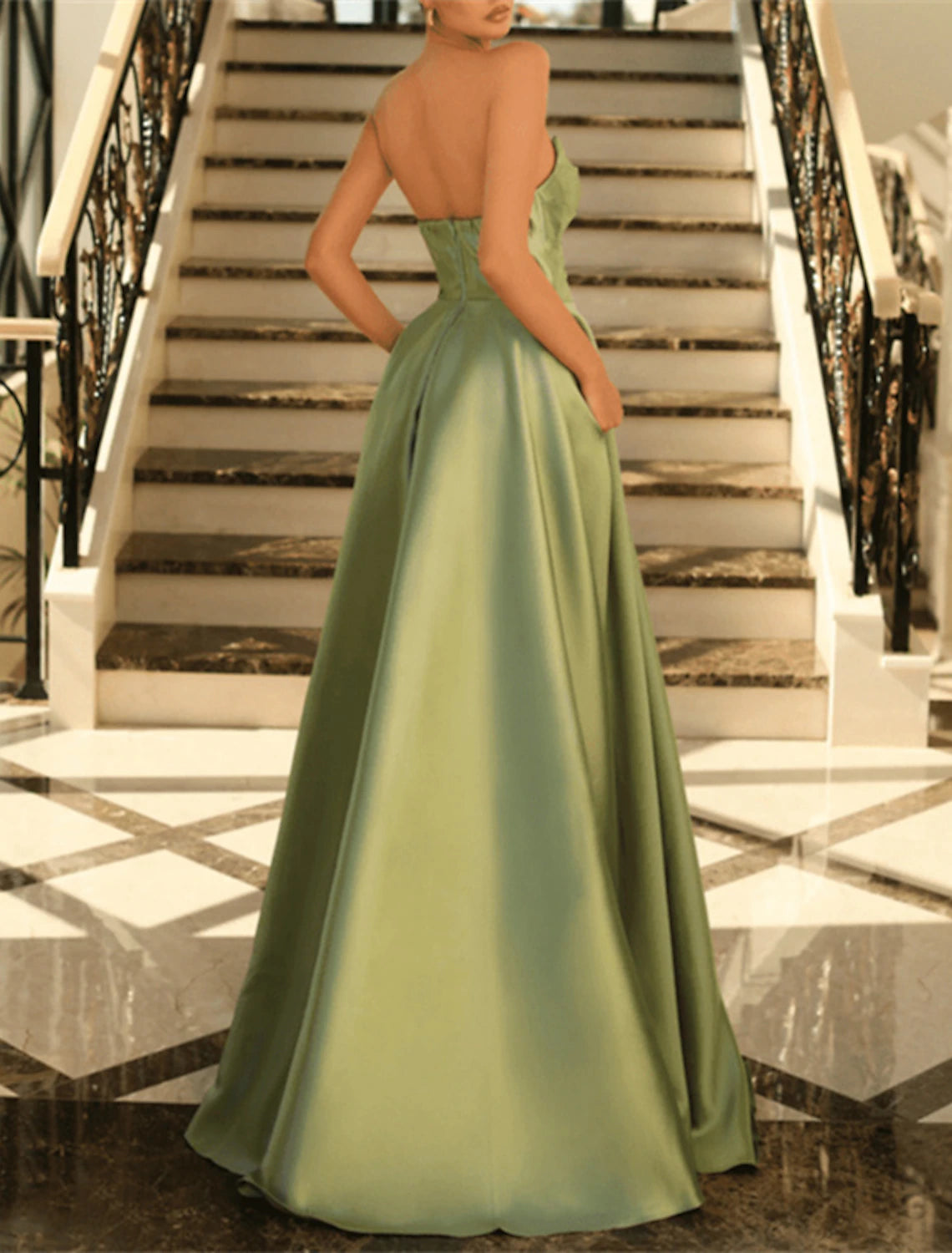 Abito da sera a trapezio, elegante abito nero, taglie forti, formale, in maschera, lungo fino al pavimento, senza maniche, senza spalline, in raso con spacco arricciato