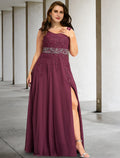 Burgundy Chiffon A-Line Floor-Length Dress with V-Neck, Embroidered Bodice & High Slit