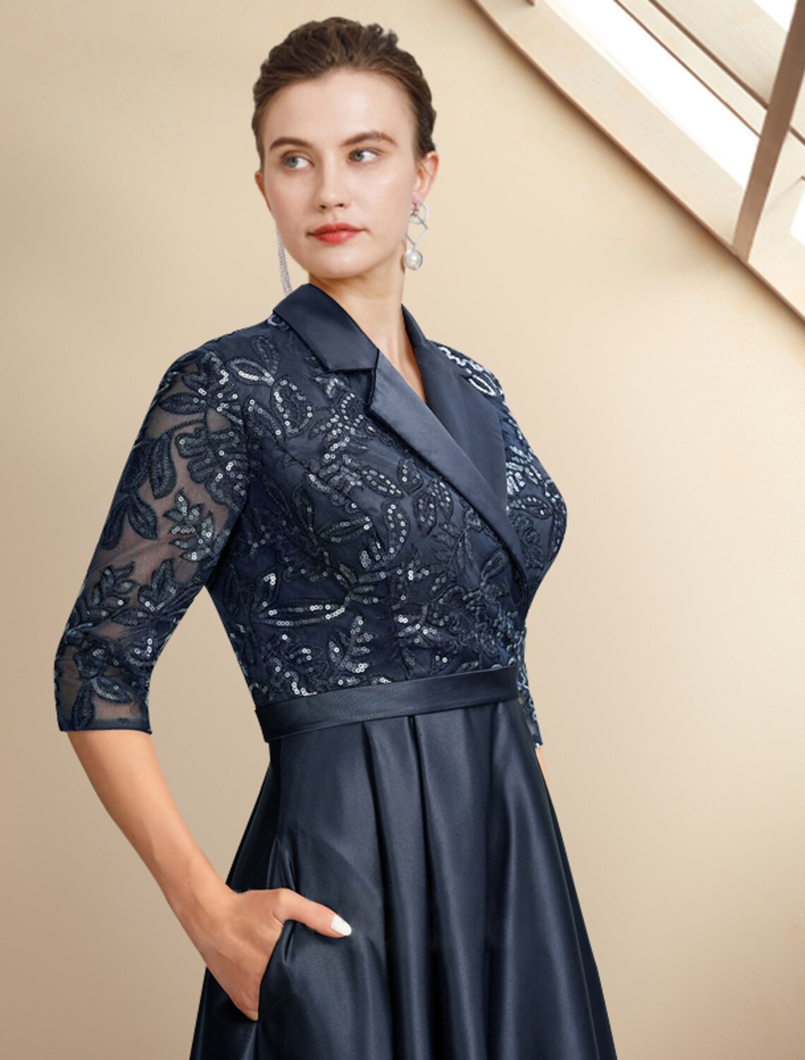 Dark Navy Sequin A-Line High-Low V-Neck Dress with Lapel Collar