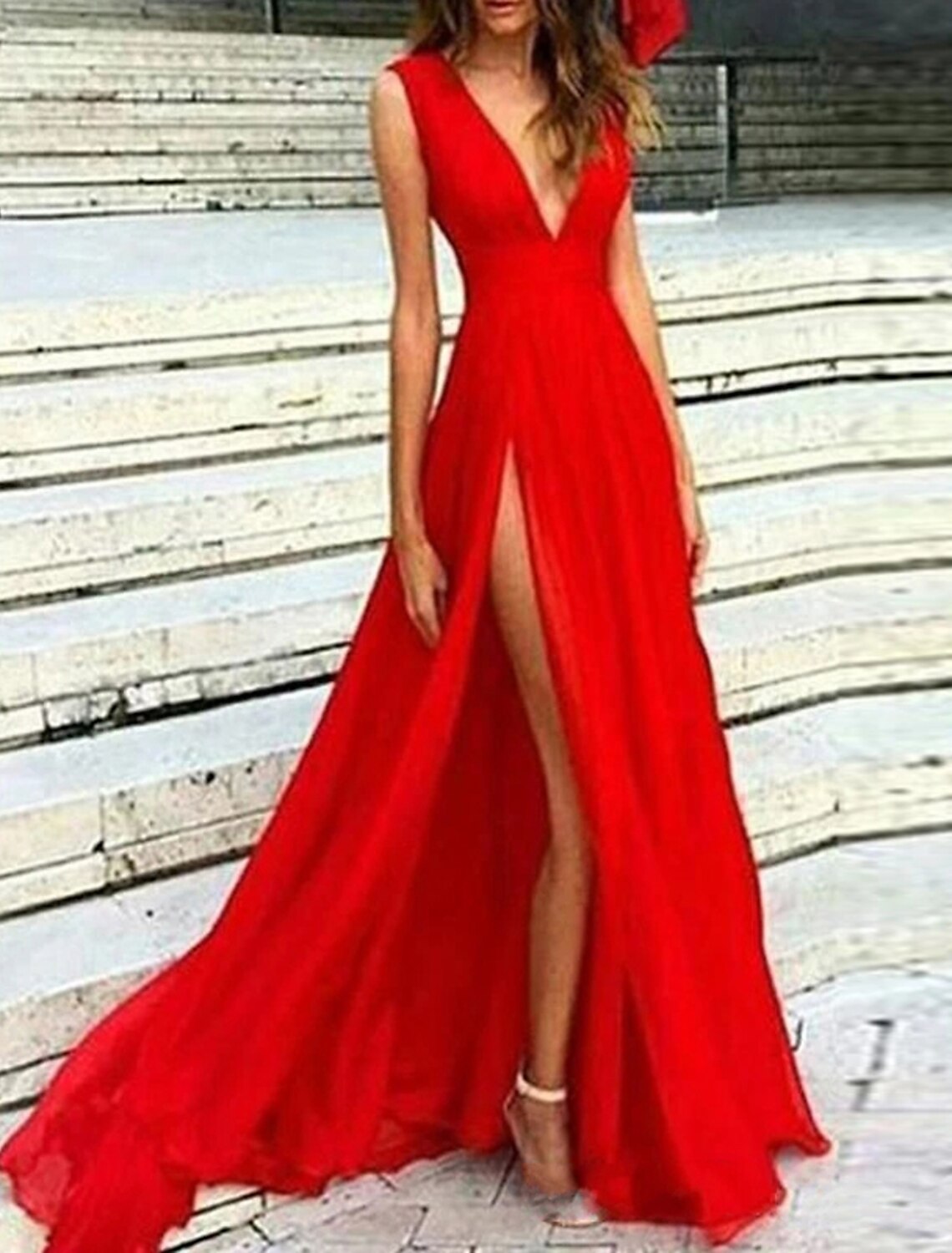 Red Chiffon A-Line Floor-Length Evening Dress with Plunging V-Neck and High Slit