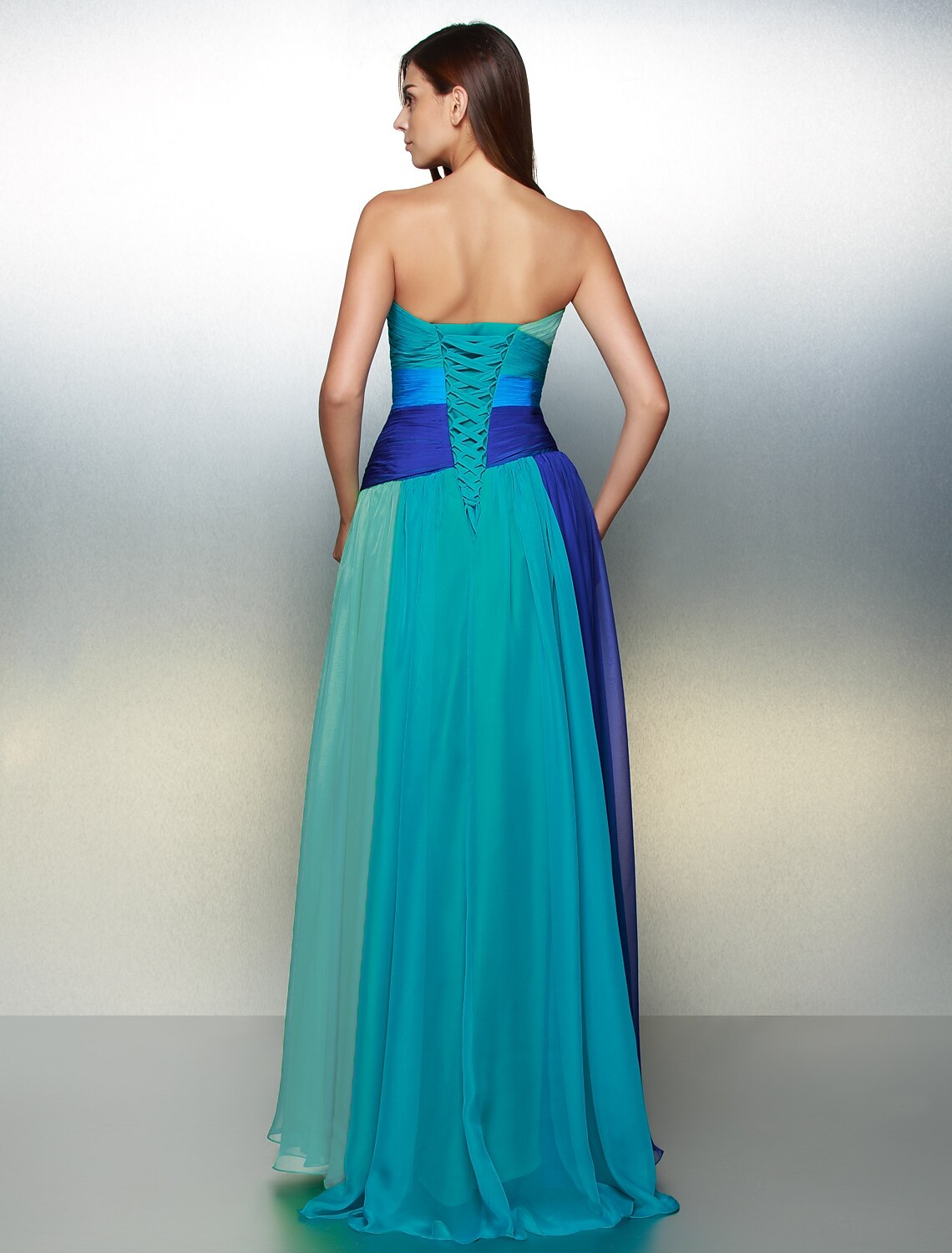 Blue Chiffon A-Line Floor-Length Evening Dress with Ruched Bodice and Draped Waistband