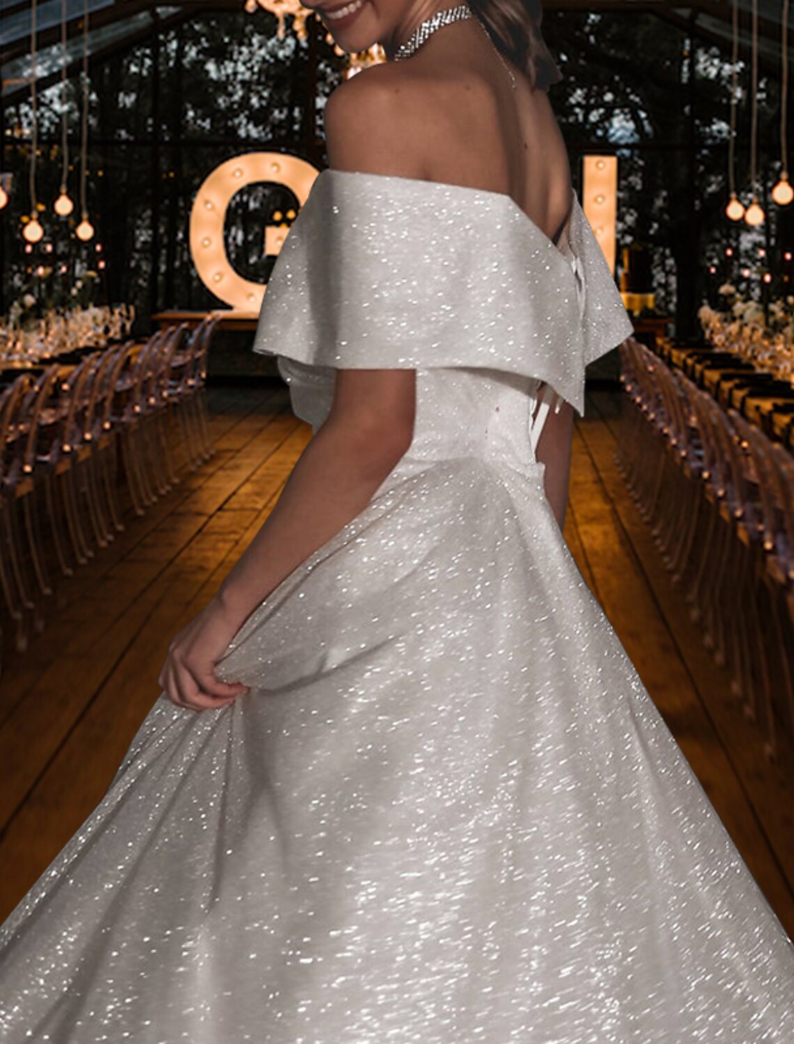 Vestidos de novia casuales Hall Sparkle &amp; Shine, corte A, hombros descubiertos, mangas cortas, cola larga y lentejuelas, color liso