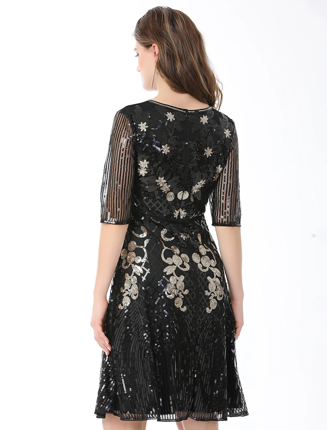 A-Line Cocktail Dresses Vintage Dress Holiday Party Wear Knee Length Half Sleeve Jewel Neck Cotton Blend with Sequin Splicing