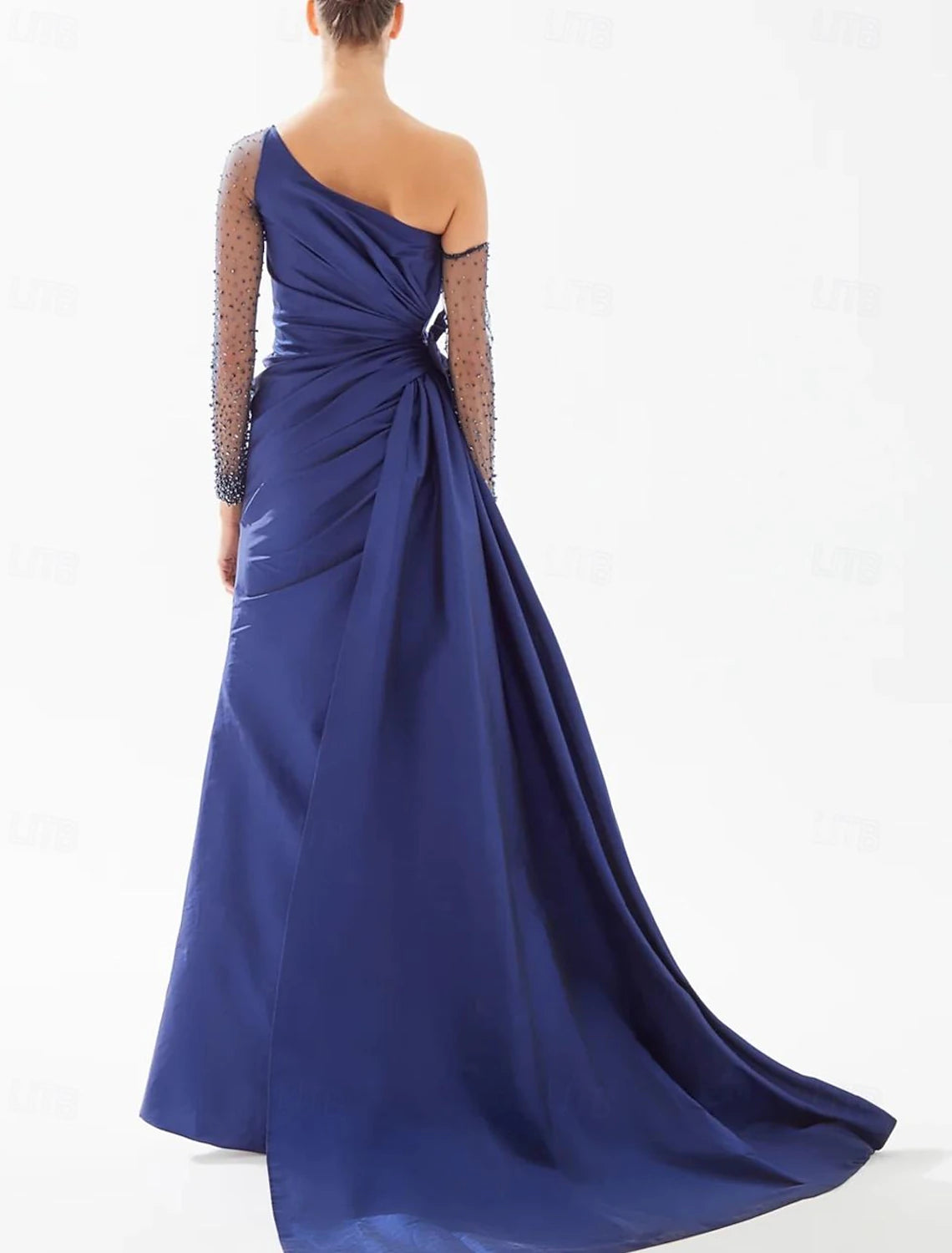 Vestido de noche negro de corte A, vestido formal hasta el suelo, manga larga, un hombro, satén con lazo(s) y abalorios.