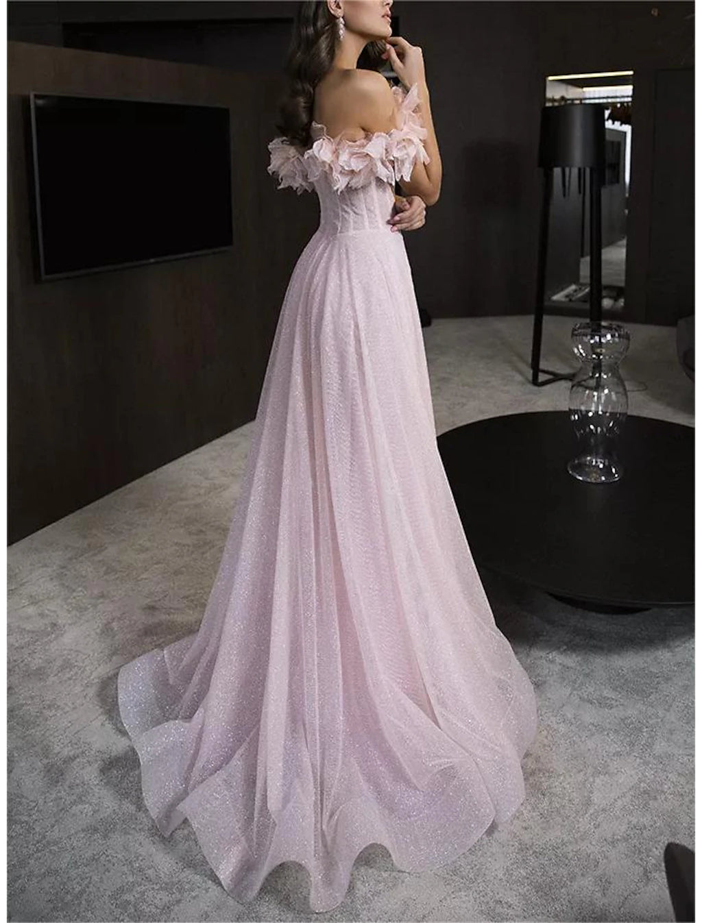 Blushing Pink Off-the-Shoulder Floral Applique A-Line Floor-Length Gown