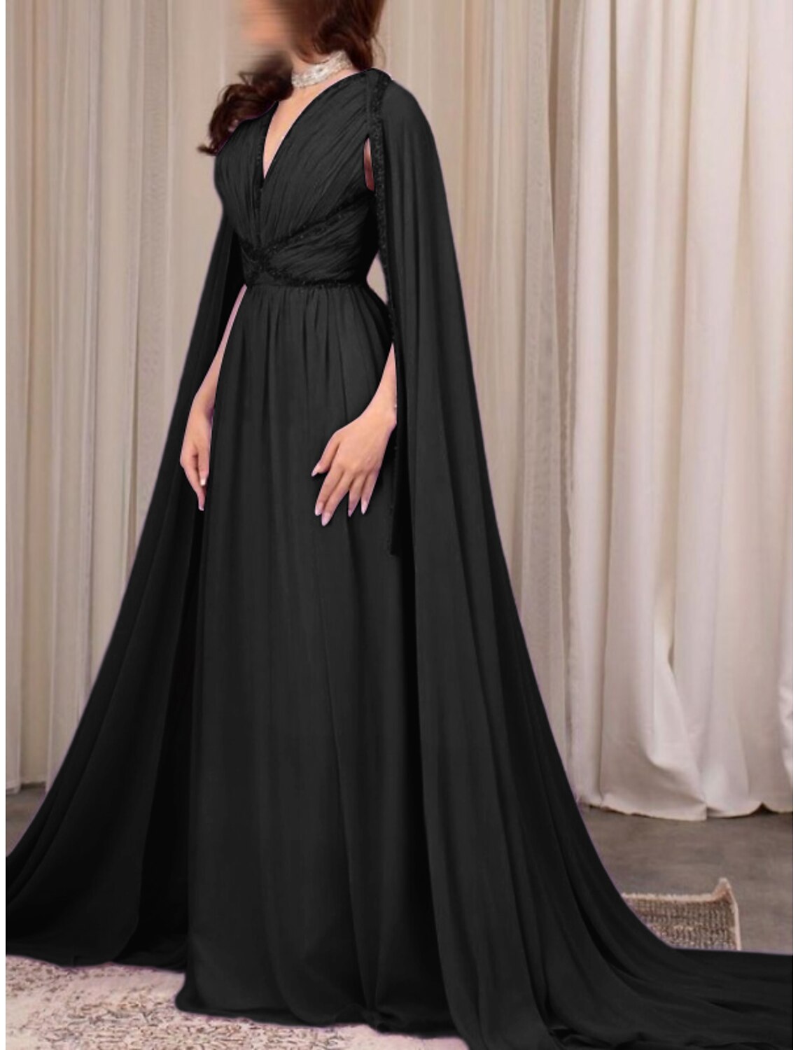 Lavender Chiffon A-Line Floor-Length V-Neck Gown with Pleated Bodice & Flowing Cape Sleeves