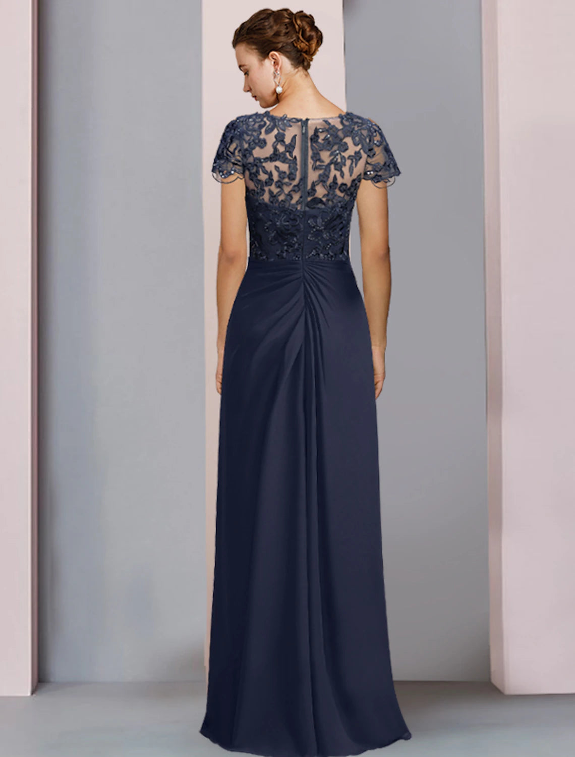 Dark Navy Chiffon A-Line Floor-Length Evening Dress with Lace Bodice & Illusion Sleeves