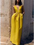 Vestido de noche elegante de corte A, formal, largo hasta el suelo, sin mangas, cuello en V, con lentejuelas y lazo(s) y pliegues.