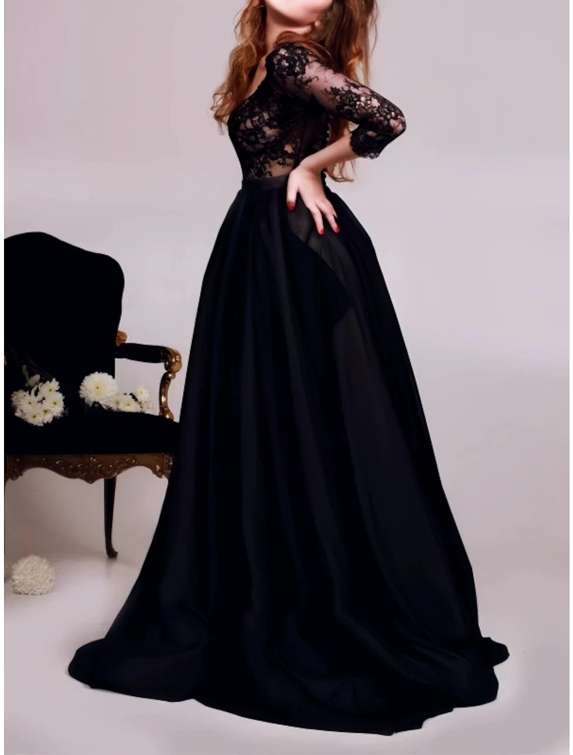 Abito da sera a trapezio, abito da festa, compleanno, autunno, lunghezza al pavimento, manica a 3/4, scollo a V, raso con pieghe 2025