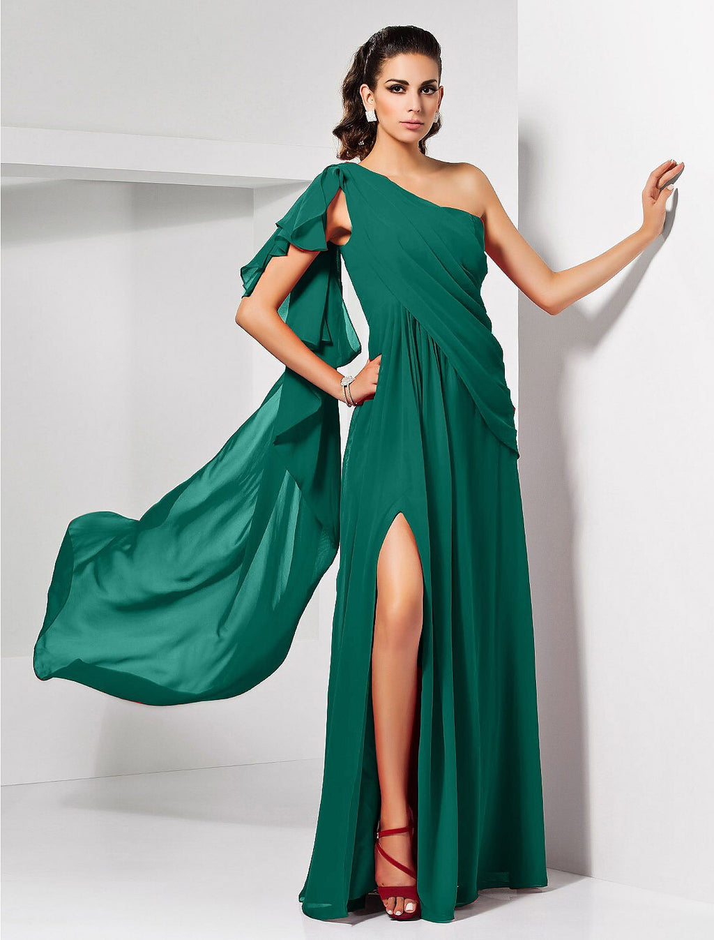 Red Chiffon A-Line Floor-Length Dress with One Shoulder & High Slit