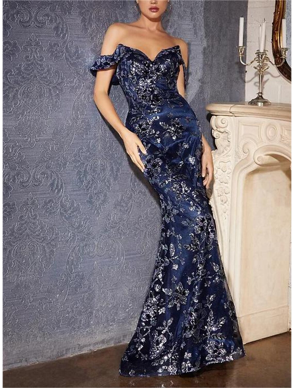 Abiti da ballo a sirena/tromba, abiti da festa, carnevale, strascico, senza maniche, spalle scoperte, tulle con spacco in paillettes glitterate