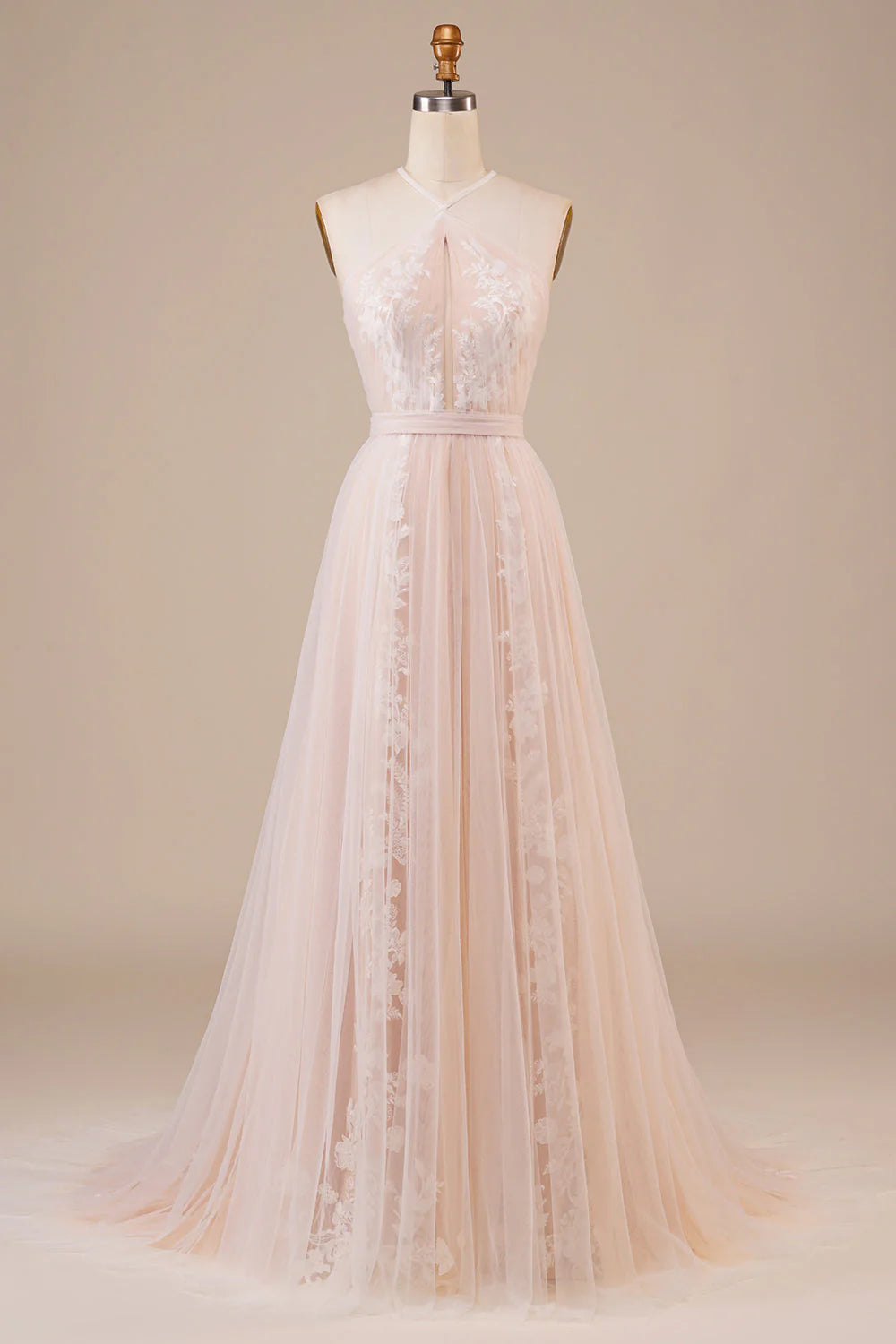 Sheer neckline keyhole champagne sleeveless off shoulder stickers and floor length wedding dress