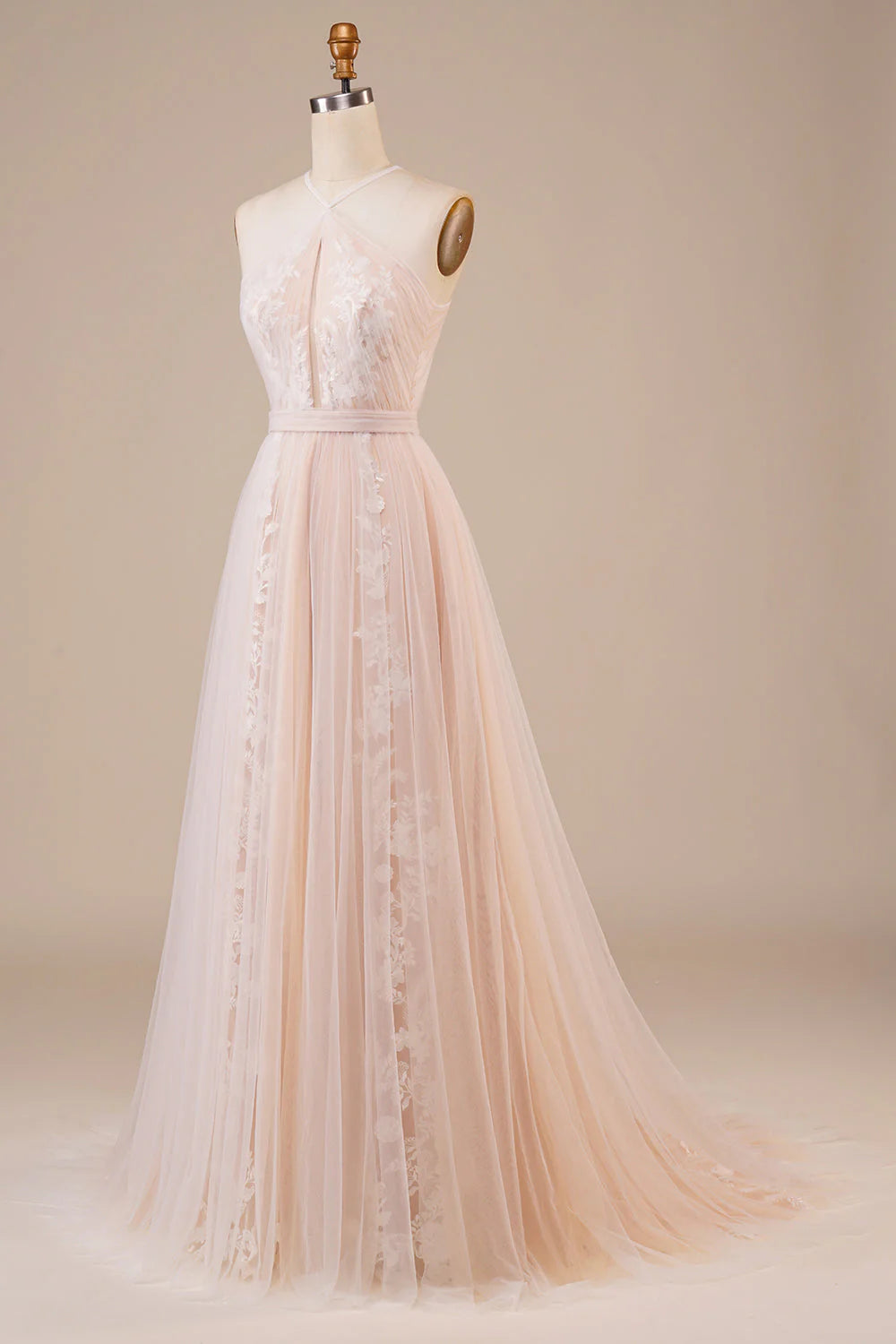 Sheer neckline keyhole champagne sleeveless off shoulder stickers and floor length wedding dress