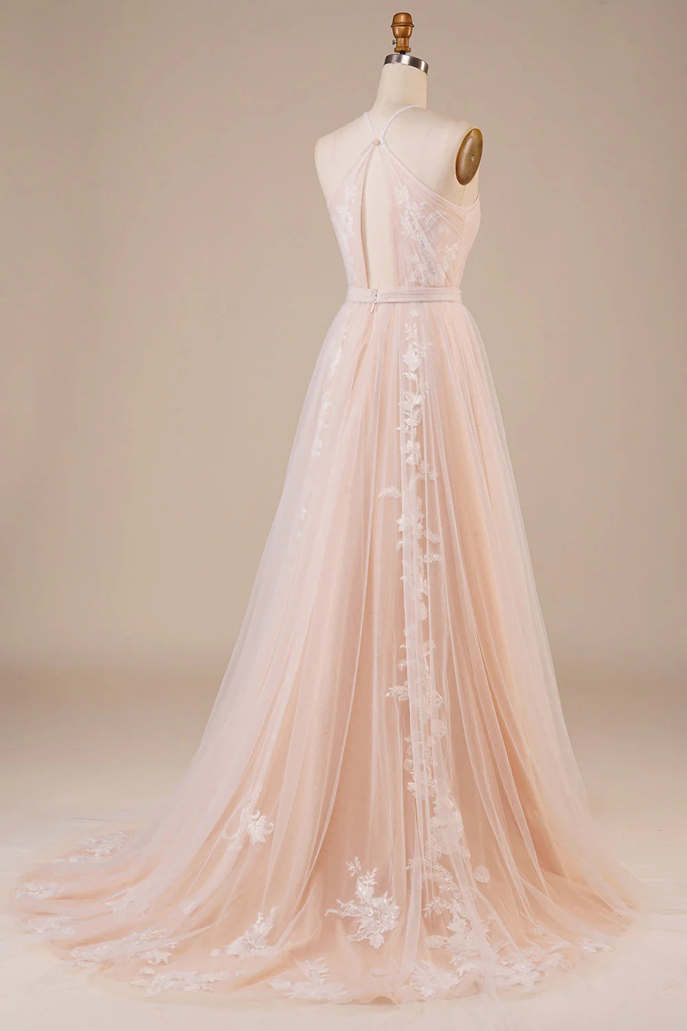Sheer neckline keyhole champagne sleeveless off shoulder stickers and floor length wedding dress