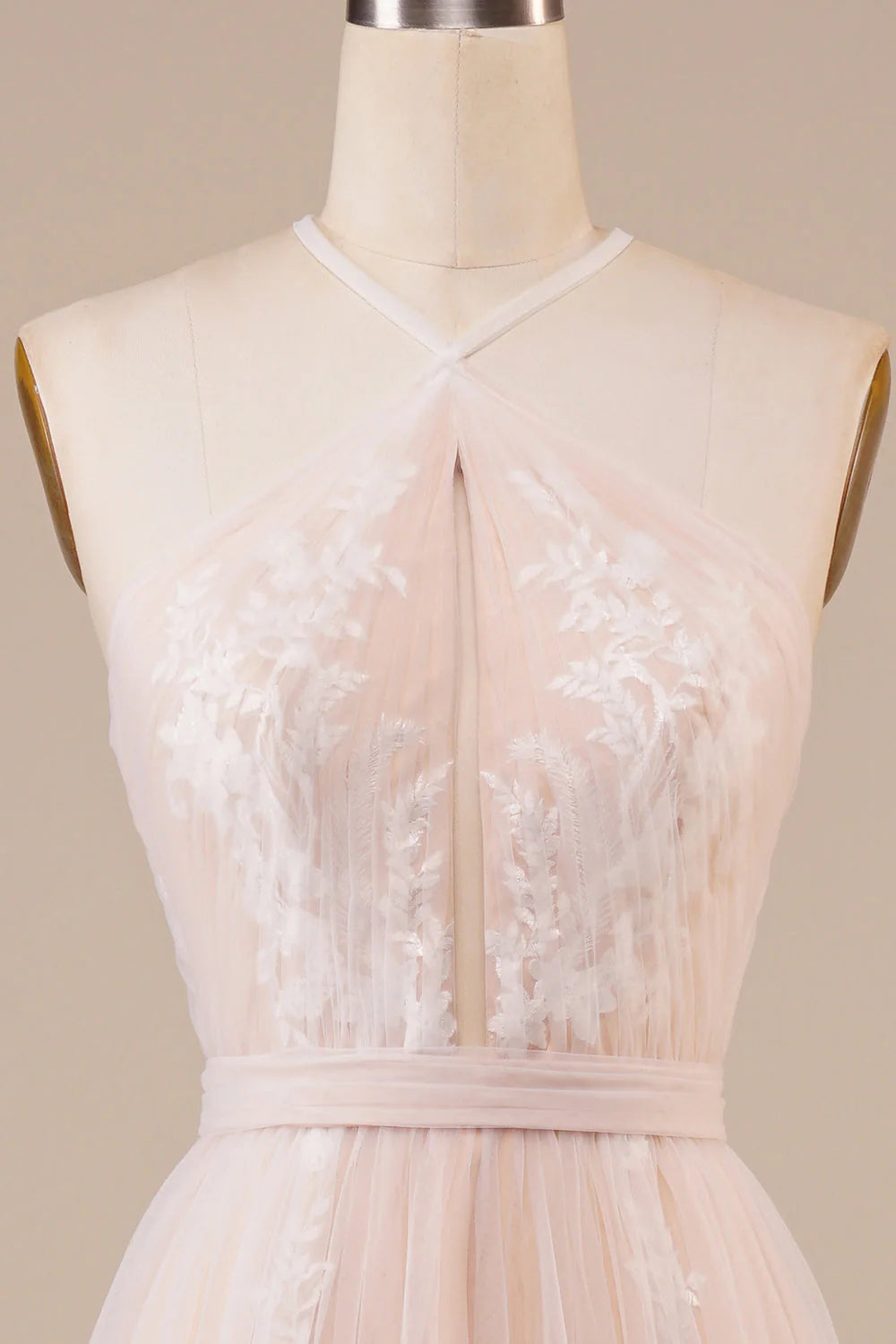 Sheer neckline keyhole champagne sleeveless off shoulder stickers and floor length wedding dress