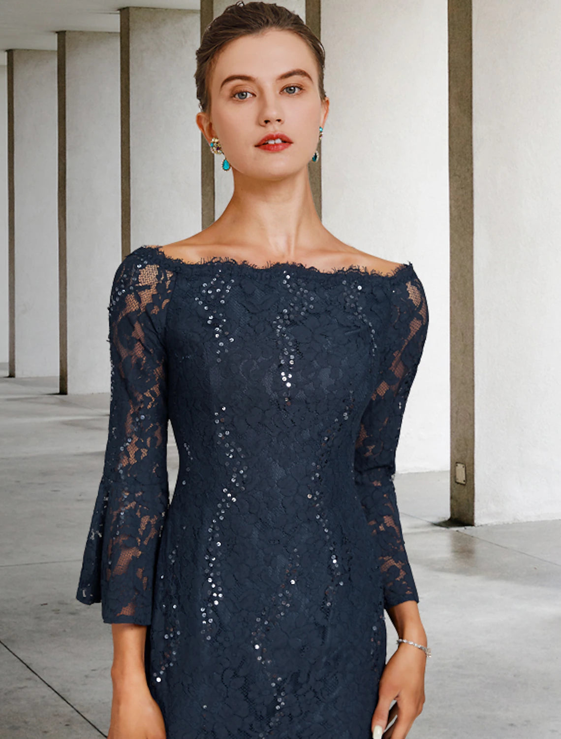 Dark Navy Off-the-Shoulder Lace Midi Dress with Bell Sleeves