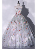 Abito da sera elegante, abito da Quinceanera, lunghezza al pavimento, senza maniche, senza spalline, in pizzo con spacchi, applicazioni ricamate