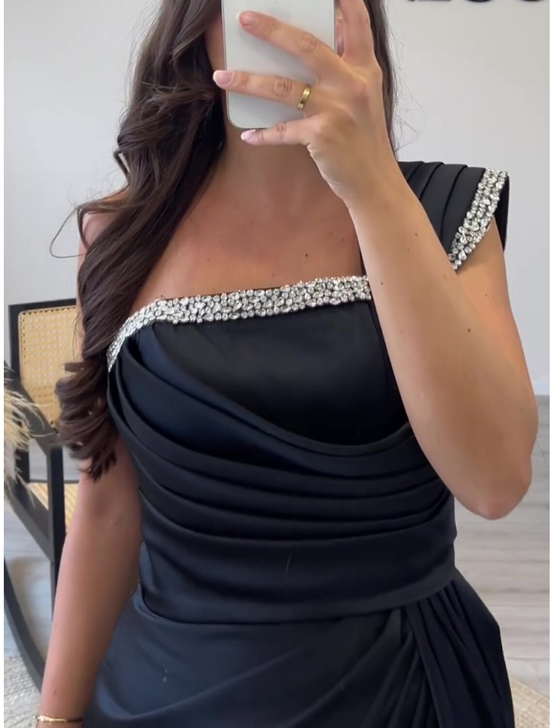 Sheath Evening Gown Elegant Black Dress Formal Court Train Sleeveless One Shoulder Satin with Pleats Ruched Crystals