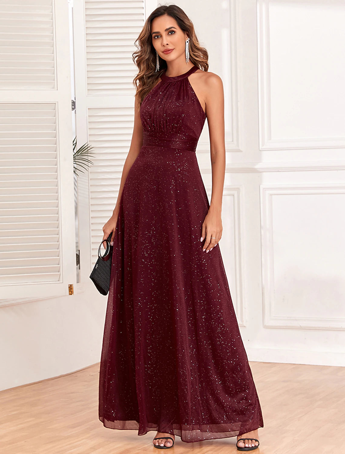 Burgundy Glitter Fabric A-Line Halter neckline Floor-Length Bridesmaid Dress