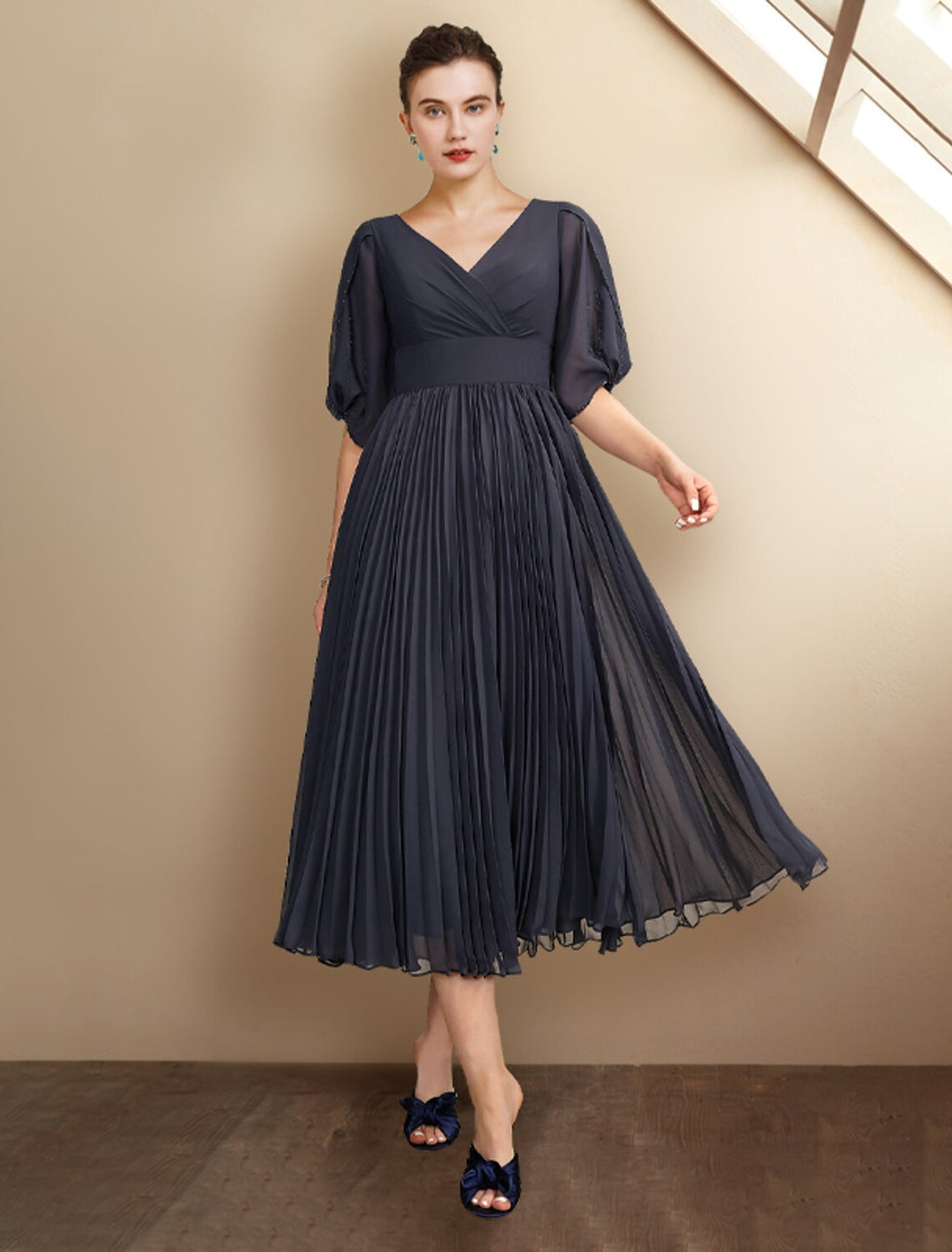 Dark Navy Chiffon V-Neck A-Line Midi Bridesmaid Dress