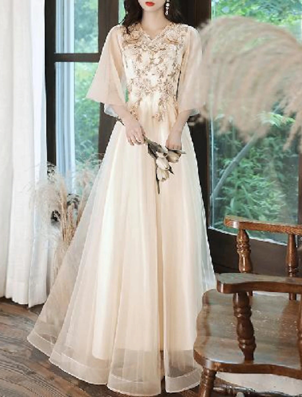 Champagne Chiffon A-Line Floor-Length Dress with V-Neck, Embroidered Bodice & Flutter Sleeves